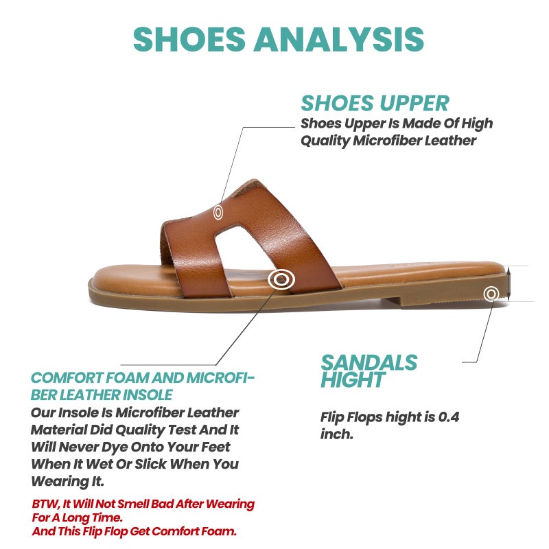 NianEr Womens Microfiber Leather Memory Foam Support H Sandals Square Toe Dress Dressy Slip On Casual Cute Comfort Bride Bridal Wedding Designer Date Flat Sandals Summer Shoes Slides brown Size 8 - Image 4