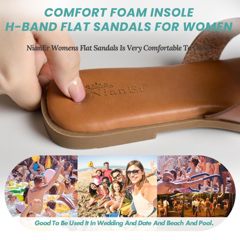 NianEr Womens Microfiber Leather Memory Foam Support H Sandals Square Toe Dress Dressy Slip On Casual Cute Comfort Bride Bridal Wedding Designer Date Flat Sandals Summer Shoes Slides brown Size 8 - Image 2