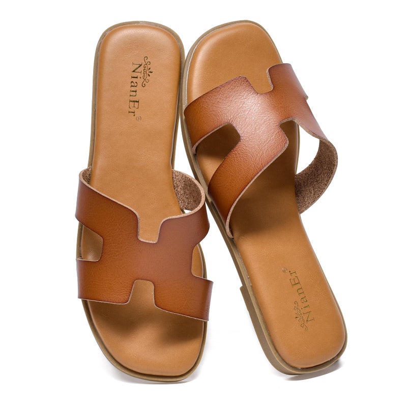 NianEr Womens Microfiber Leather Memory Foam Support H Sandals Square Toe Dress Dressy Slip On Casual Cute Comfort Bride Bridal Wedding Designer Date Flat Sandals Summer Shoes Slides brown Size 8 - Image 1