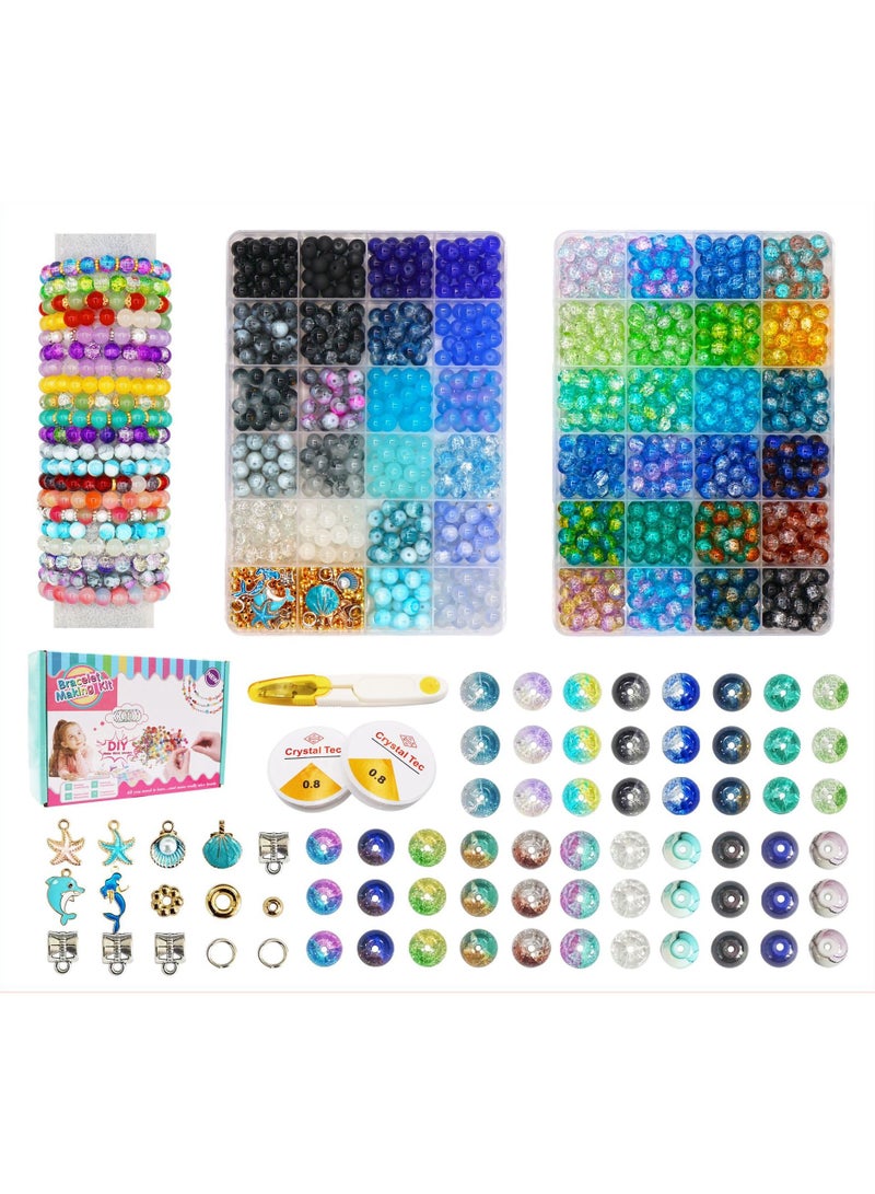 Capstro 1190PCS Crack Glass Beads Kit – 8mm DIY Bracelet Making Set with 48 Grid Organizer Box, Charms, Elastic String & Beading Needle for Jewelry Craft Gift for Girls & Kids – Green Glow - Image 1