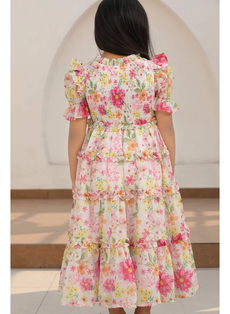 Luxe & Hardy فستان بناتي مطبوع عليه زهور بتصميم خيالي مكشكش