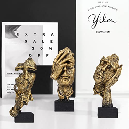 aboxoo 3 Pcs Thinker Statue, Silence is Gold Abstract Art Figurine, No Hear No See No Speak Modern Home Resin Sculptures Decorative Objects Modern Decor for Creative Room Home, Office Study (Gold) - Image 2