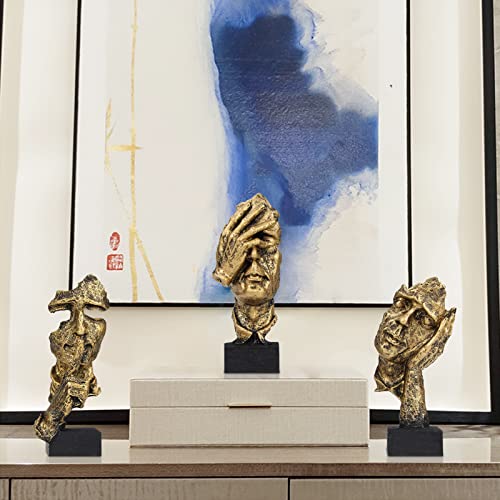 aboxoo 3 Pcs Thinker Statue, Silence is Gold Abstract Art Figurine, No Hear No See No Speak Modern Home Resin Sculptures Decorative Objects Modern Decor for Creative Room Home, Office Study (Gold) - Image 4