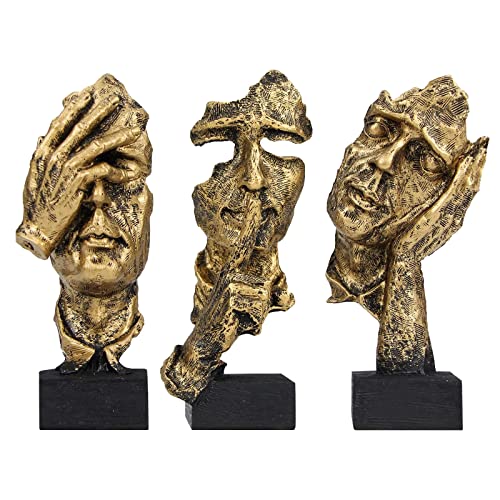 aboxoo 3 Pcs Thinker Statue, Silence is Gold Abstract Art Figurine, No Hear No See No Speak Modern Home Resin Sculptures Decorative Objects Modern Decor for Creative Room Home, Office Study (Gold) - Image 1
