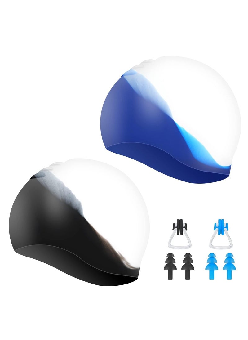 SYOSI 2 Pack Unisex Swim Caps Waterproof Silicone Swimming Caps Durable Elastic Non-Slip Bathing Swimming Pool Caps with Ear Plugs & Nose Clips for Women Men Adults Boys Girls  - Image 1