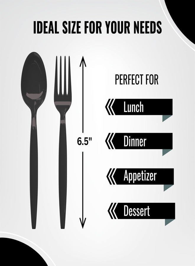 Blue Orchards Black Spoon and Fork Set (24 Each) - Heavy Duty Solid Black Utensils, Durable Disposable Colored Cutleries, Plastic Party Flatware for Birthdays, Casino Nights, and Special Events - Image 2