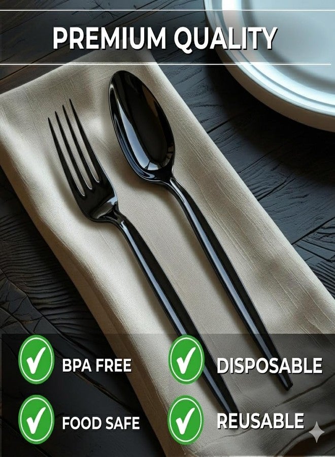 Blue Orchards Black Spoon and Fork Set (24 Each) - Heavy Duty Solid Black Utensils, Durable Disposable Colored Cutleries, Plastic Party Flatware for Birthdays, Casino Nights, and Special Events - Image 5