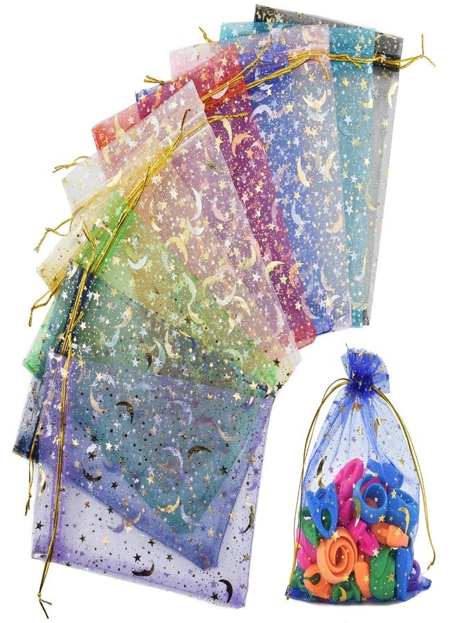 SHRJ 100pcs 10 Colors Organza Sheer Bags with Drawstring for Wedding, Valentine, Halloween, Christmas, Thanksgiving, Birthday Party Candy Gift Supplies, Moon Star, 5” x 7” - Image 1