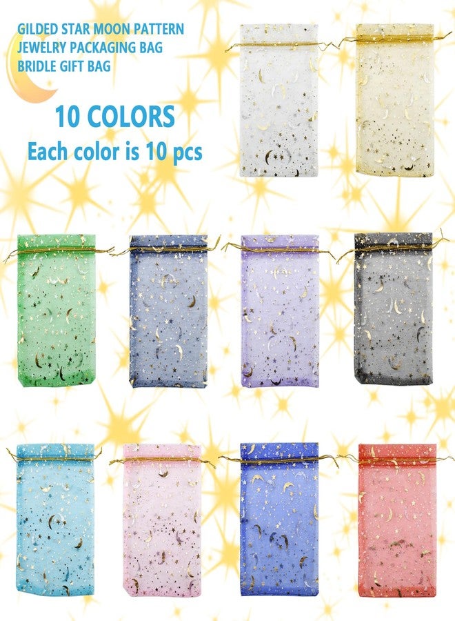 SHRJ 100pcs 10 Colors Organza Sheer Bags with Drawstring for Wedding, Valentine, Halloween, Christmas, Thanksgiving, Birthday Party Candy Gift Supplies, Moon Star, 5” x 7” - Image 3