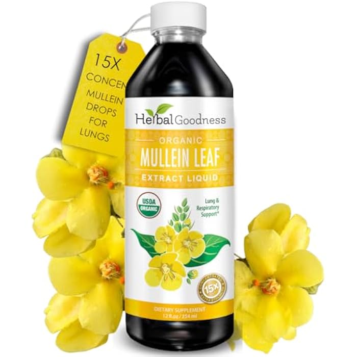 Herbal Goodness Mullein Drops for Lungs - Respiratory Support, Mullein Leaf Extract for Lungs, Bronchial & Lung Detox for Smokers, Organic Wild Mullen as Tea, Pills, Tincture - Made in USA - 12 Fl Oz - Image 1