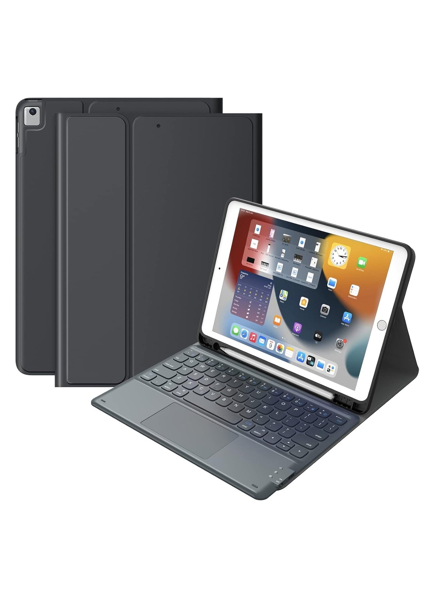 iPad Keyboard 9th Generation, Detachable Wireless Keyboard for iPad 8th/7th Gen 10.2 Inch, Smart Trackpad, Flip Stand Keyboard Case with Pencil Holder, Black | Compatible with iPad 9th/8th/7th Gen