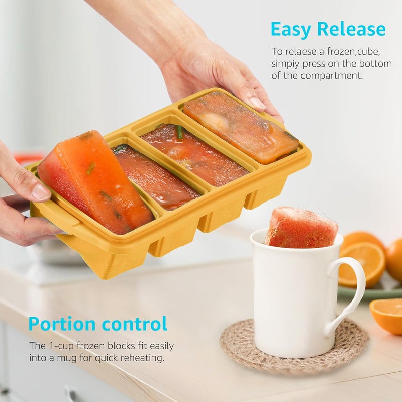 Ztomine Silicone Freezer Tray With Lid - Silicone Freezer Food Molds- Large Ice Cube Tray,Silicone Freezer Container,Freeze & Store Soup, Sauce, Broth,Leftovers - Makes 4 Perfect 1 Cup - Image 2