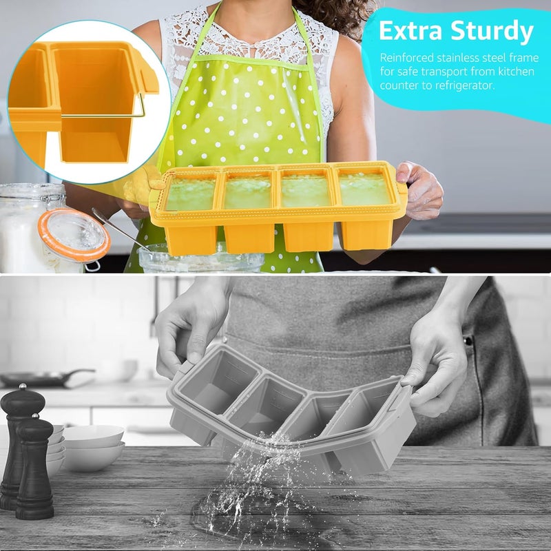 Ztomine Silicone Freezer Tray With Lid - Silicone Freezer Food Molds- Large Ice Cube Tray,Silicone Freezer Container,Freeze & Store Soup, Sauce, Broth,Leftovers - Makes 4 Perfect 1 Cup - Image 4