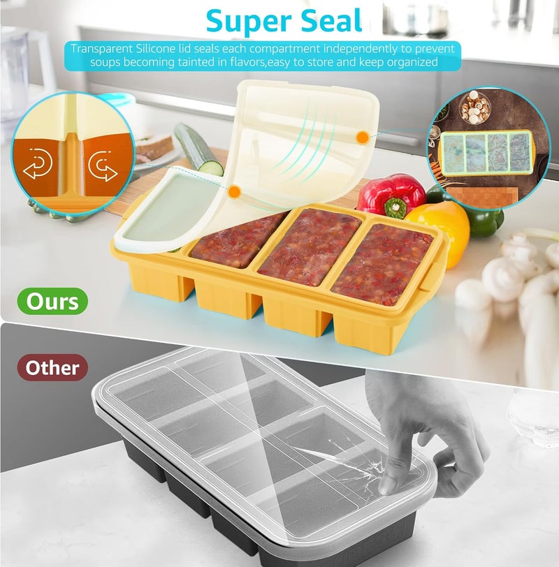 Ztomine Silicone Freezer Tray With Lid - Silicone Freezer Food Molds- Large Ice Cube Tray,Silicone Freezer Container,Freeze & Store Soup, Sauce, Broth,Leftovers - Makes 4 Perfect 1 Cup - Image 5