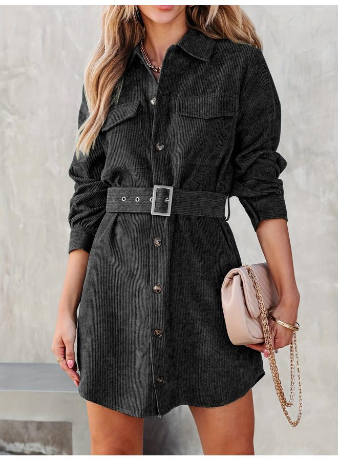Women's Clothing Independent Station Autumn And Winter Corduroy Pit Solid Color Long Sleeve Shirt Dress