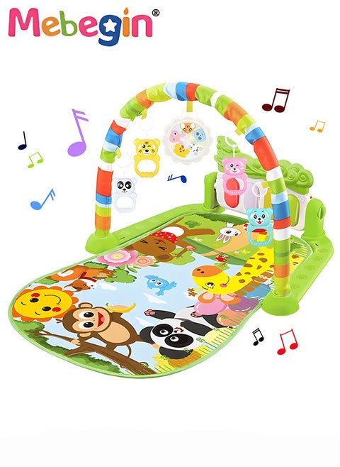 Baby Play Mat with 5 Sensory Toys and Piano Board, Baby Piano Gym Mat with Colorful Animal Patterns, Early Development Playmat, Musical Activity Center, Interactiveactivity Center for Babies, Used for Lying, Sitting, Tummy Time, 3 AA Batteries Required(Not Included)