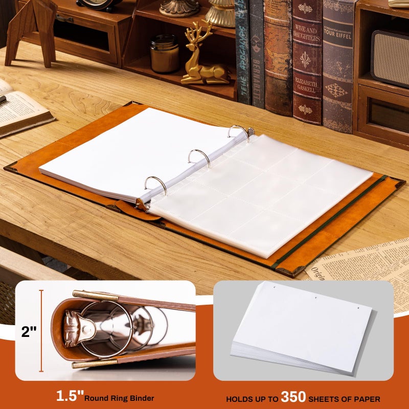 Ovesmusl PU Leather 3 Ring Binder Fits 8.5"x11" Letter Size Paper, 1.5 Inch Round Ring Binder Holds 350 Sheets, Notepad Paper Cover Loose Leaf Organizer, Green Tree - Image 2