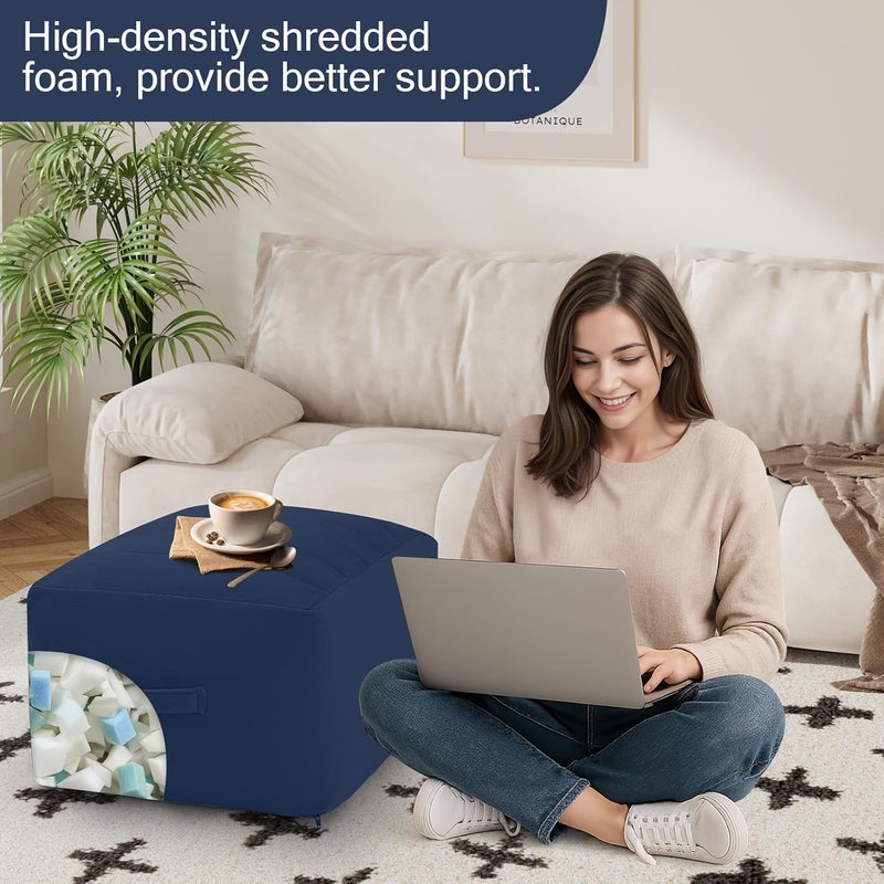 MeMoreCool Square Stuffed Pouf Ottoman Foot Rest, Floor Pouf Foot Stool with Foam Chunk Filling, Soft Stuffed Ottoman Footrest for Living Room, Navy - Image 5