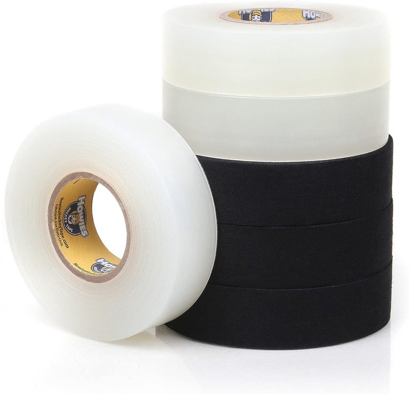 Howies Hockey Tape | 6-Pack Combos of Cloth Stick Tape (White/Black) & Shin Pad Tape (Clear) | Pro Grip & Durability | Made in USA - Image 1