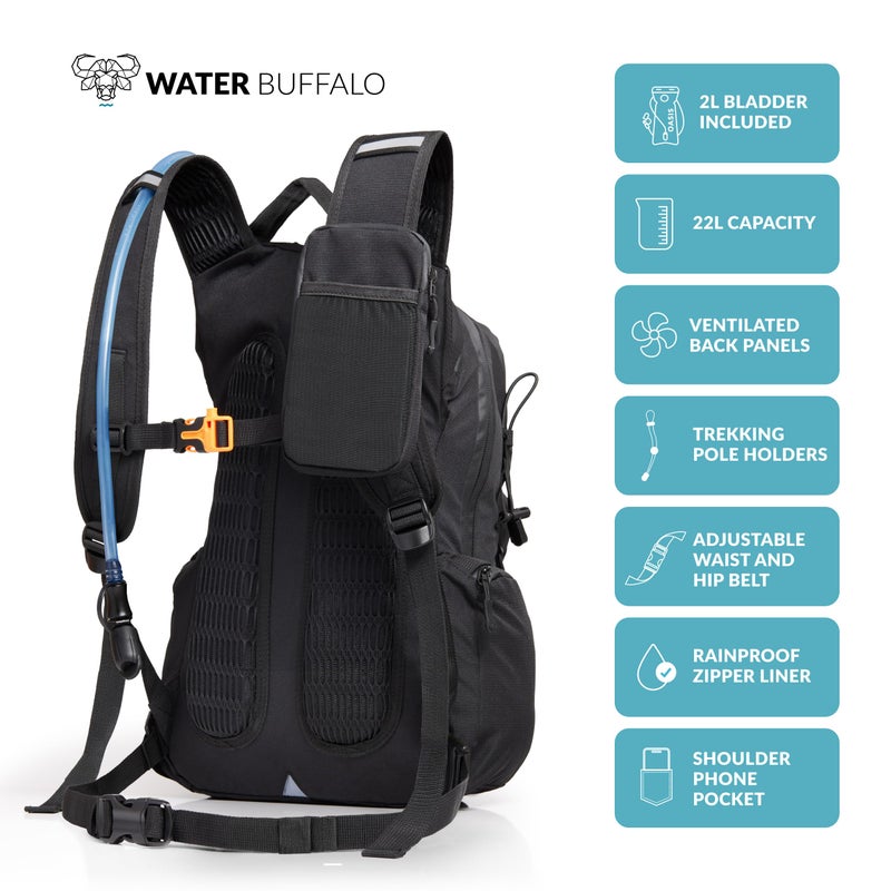 Water Buffalo Hydration Backpack - Sherpa 22L Hiking Backpack with Water Bladder - Water Backpack for Hiking with Waterproof Zippers, Phone & Pole Holders - Image 2
