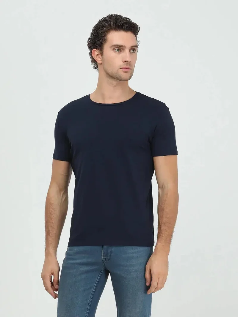 Kip Navy Blue Cotton Blended T-Shirt