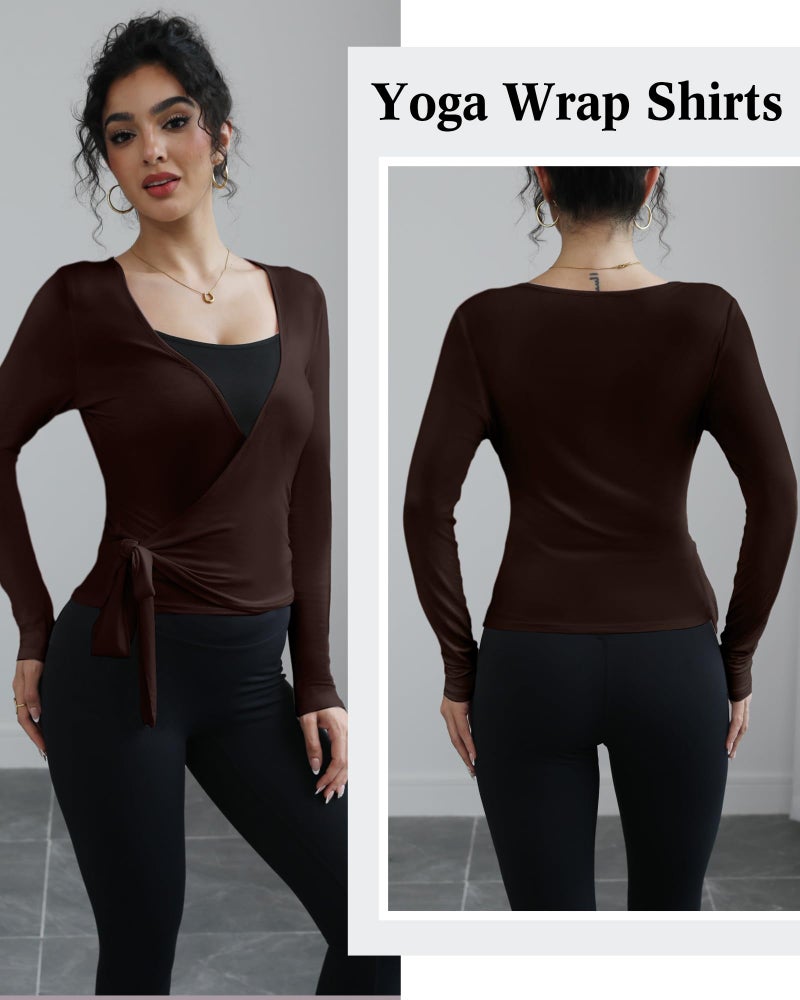 Simlakey 3 Pack Women Ballet Pilates Wrap Tops Y2K Workout Yoga Shirts Dance Long Sleeve Tie Front Crop Tops(Large,Black, Brown, White) - Image 2