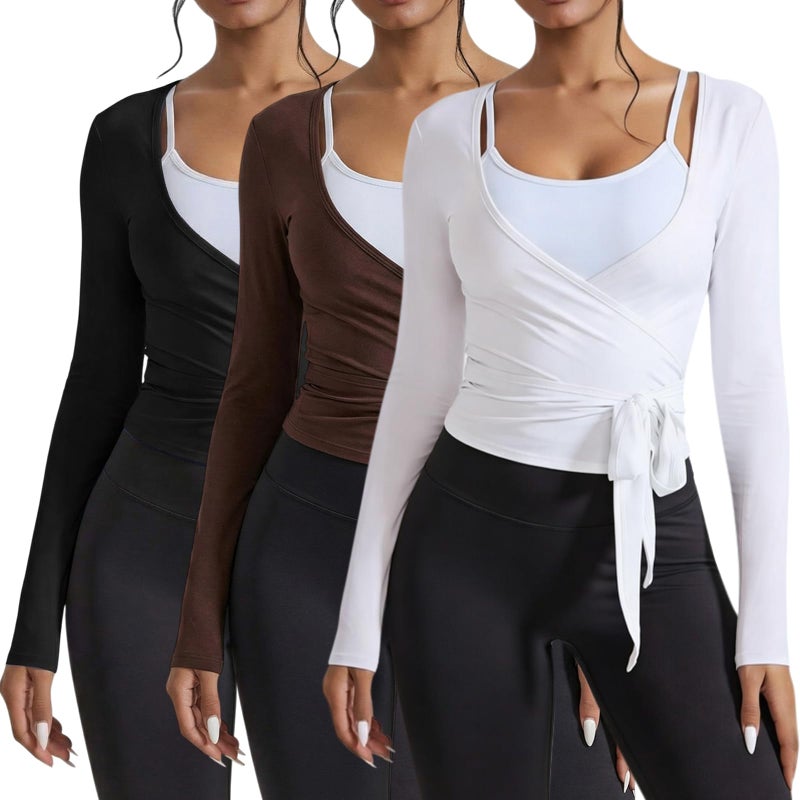 Simlakey 3 Pack Women Ballet Pilates Wrap Tops Y2K Workout Yoga Shirts Dance Long Sleeve Tie Front Crop Tops(Large,Black, Brown, White) - Image 1
