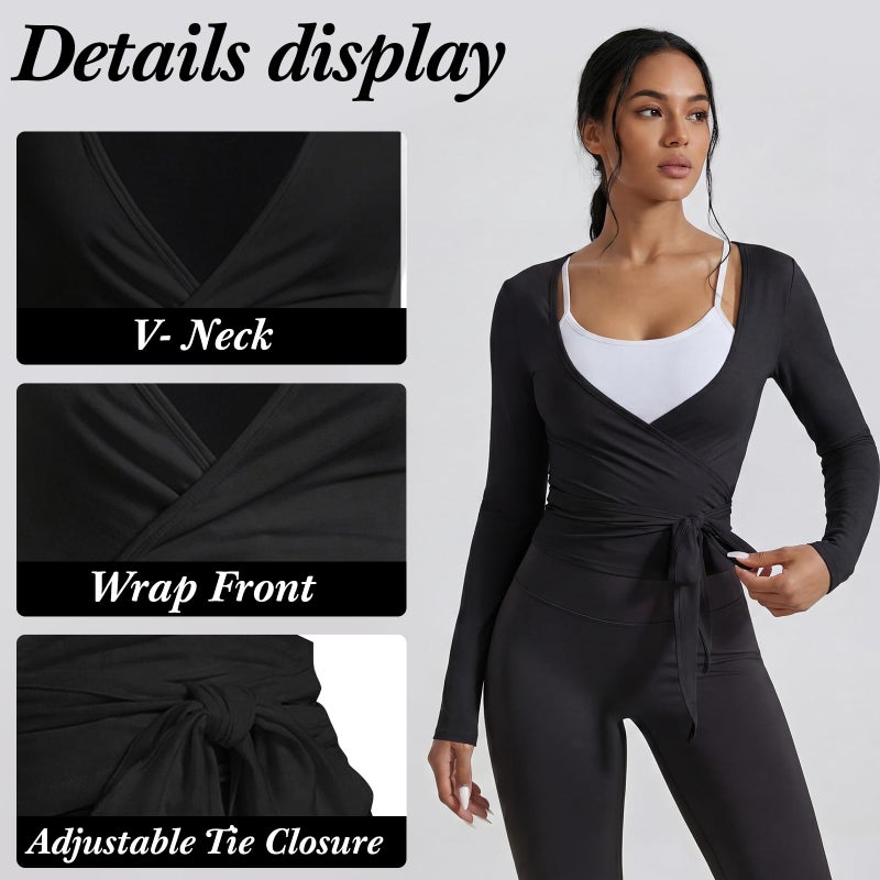 Simlakey 3 Pack Women Ballet Pilates Wrap Tops Y2K Workout Yoga Shirts Dance Long Sleeve Tie Front Crop Tops(Large,Black, Brown, White) - Image 3
