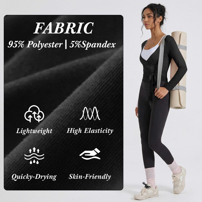 Simlakey 3 Pack Women Ballet Pilates Wrap Tops Y2K Workout Yoga Shirts Dance Long Sleeve Tie Front Crop Tops(Large,Black, Brown, White) - Image 4