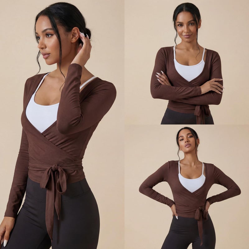 Simlakey 3 Pack Women Ballet Pilates Wrap Tops Y2K Workout Yoga Shirts Dance Long Sleeve Tie Front Crop Tops(Large,Black, Brown, White) - Image 5