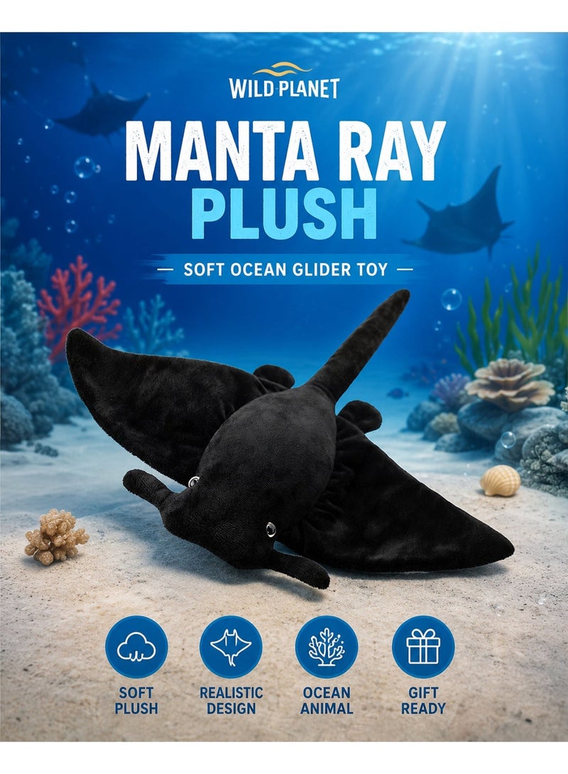 Wild Planet Manta Ray Plush Toy 38cm Soft Ocean Stuffed Animal Realistic Marine Sea Creature Plushie Cute Black Manta Ray Doll for Kids Boys Girls Cuddly Educational Wildlife Gift Bedroom Decor Sleep CompanionC - Image 1