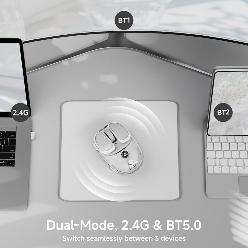 SEUNKWANG EWEADN Q9 Wireless Clear Mouse Dual Mode Bluetooth & 2.4G USB Computer Mouse with RGB Lighting, Silent Clicks, Multi-Device Compatibility for Laptop, PC, MacBook, iPad Cute Mouse-White - Image 2