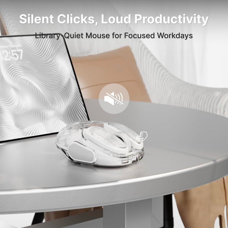 SEUNKWANG EWEADN Q9 Wireless Clear Mouse Dual Mode Bluetooth & 2.4G USB Computer Mouse with RGB Lighting, Silent Clicks, Multi-Device Compatibility for Laptop, PC, MacBook, iPad Cute Mouse-White - Image 4