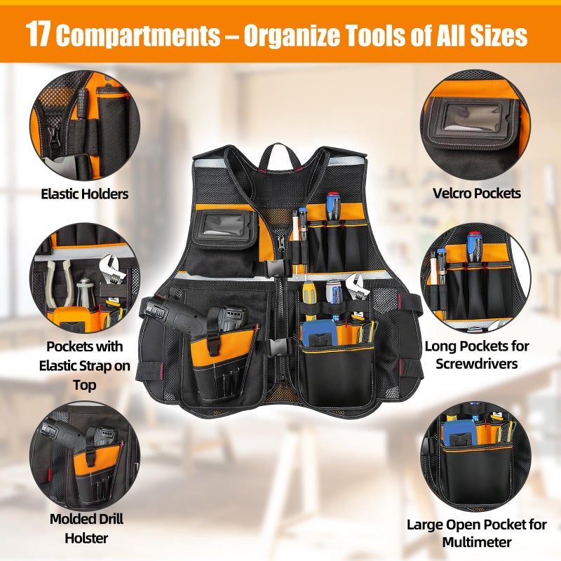 TooCust Electrician Tool Vest for Men, Tool Vest Electrician with Molded Drill Holster, 1680D Heavy Duty Adjustable Work Vest, Reflective Workwear with 16 Storage Spaces (Orange) - Image 3