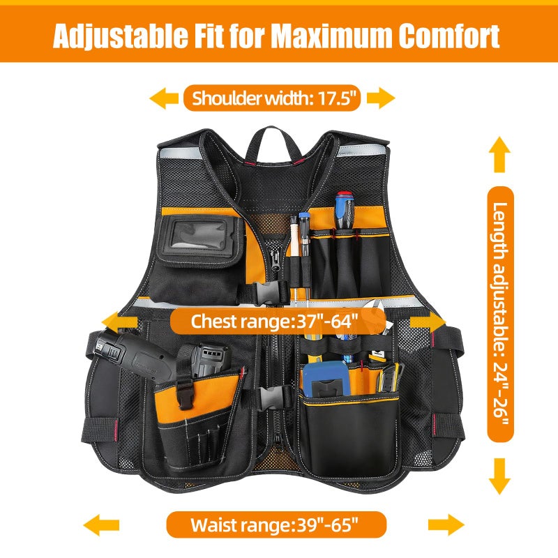 TooCust Electrician Tool Vest for Men, Tool Vest Electrician with Molded Drill Holster, 1680D Heavy Duty Adjustable Work Vest, Reflective Workwear with 16 Storage Spaces (Orange) - Image 4