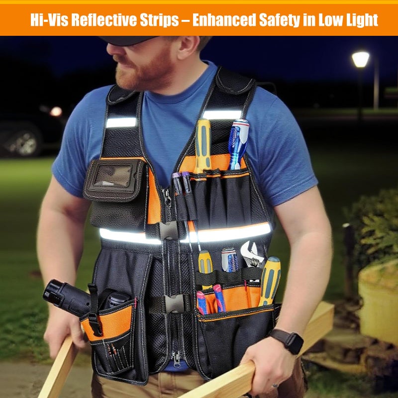 TooCust Electrician Tool Vest for Men, Tool Vest Electrician with Molded Drill Holster, 1680D Heavy Duty Adjustable Work Vest, Reflective Workwear with 16 Storage Spaces (Orange) - Image 5
