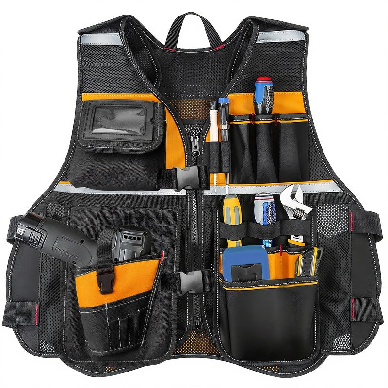 TooCust Electrician Tool Vest for Men, Tool Vest Electrician with Molded Drill Holster, 1680D Heavy Duty Adjustable Work Vest, Reflective Workwear with 16 Storage Spaces (Orange) - Image 1