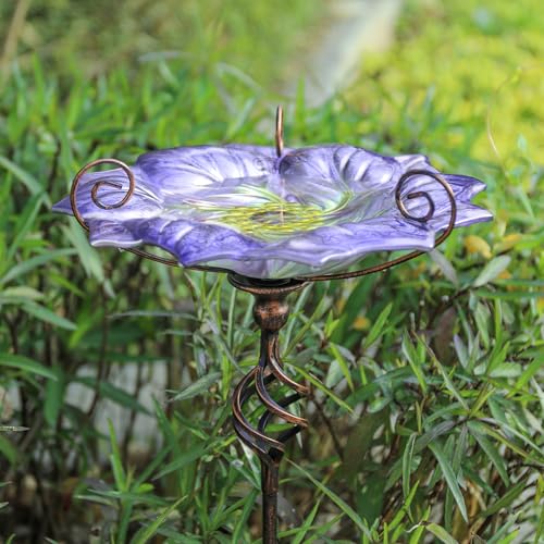 VCUTEKA Glass Bird Bath Outdoor BirdBath Bird Feeder with Metal Stake Garden Decor Purple - Image 3