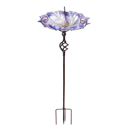 VCUTEKA Glass Bird Bath Outdoor BirdBath Bird Feeder with Metal Stake Garden Decor Purple - Image 1