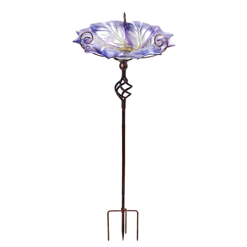 VCUTEKA Glass Bird Bath Outdoor BirdBath Bird Feeder with Metal Stake Garden Decor Purple - Image 2