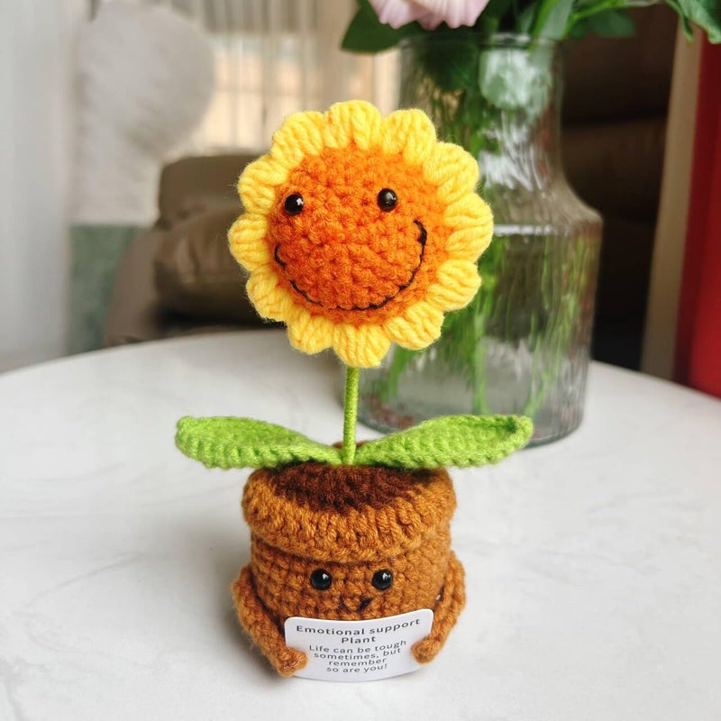 MofivKce Crochet Forget-Me-Not Potted Plants Handmade Artificial Flowers for Home Decor, Wedding, Birthday Gift for Friends and Family (Smiling Sunflower) - Image 1