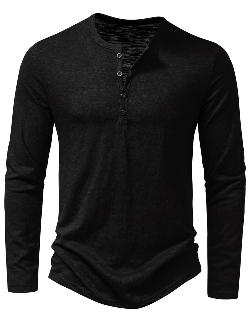 PARKLEES Men's Casual Stretchy Long Sleeve Henley T-Shirt Front Placket Muscle Workout Athletic 4 Buttons Tee Tops Black Large - Image 1