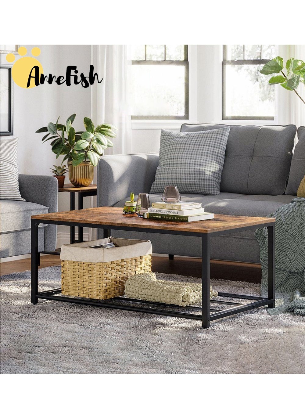 AnneFish 120*60*43cm Coffee Table With 2 Tier Storage Shelf Double Layer Iron Net Mesh Center Sofa Coffee Table For Home Living Room 