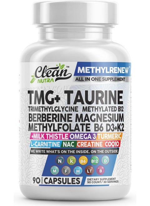 Clean Nutraceuticals Clean Nutra TMG Supplements 1000mg | Methylated  Multivitamin for Women Men | Taurine B6 Vitamins B12 D3 K2 Trimethylglycine  Magnesium Methylfolate Milk Thistle NAC COQ10 B Supplement Complex Capsules  |