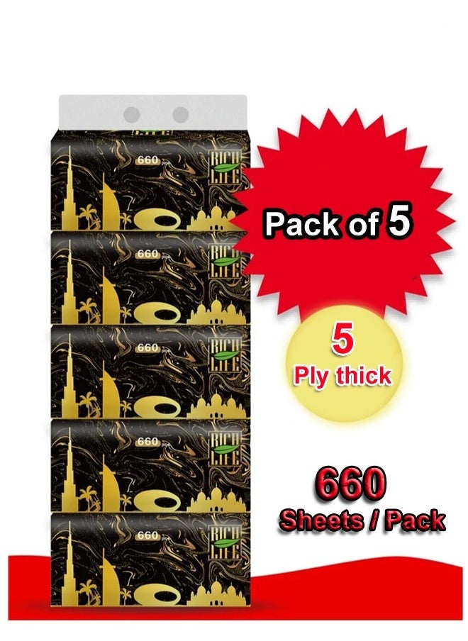 fashionhome Pack of 5 Multipurpose Use Thick 5 Ply Fragrance Free and Dye Free Tissues 660 Sheets Per Packet Family Pack Facial Tissues Gentle on Skin Lint Free Soft and High Absorbency Paper Towels Ideal for Home Office Travel  - Image 1