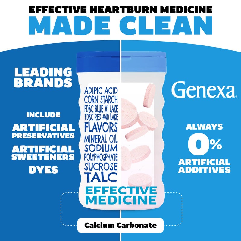 Genexa Clean Antacid Chewable Tablets | Maximum Strength Calcium Carbonate for Heartburn, Acid Indigestion & Upset Stomach Relief | Dye Free, 0% Artificial Additives | Berry Flavor Chewables, 72ct - Image 2