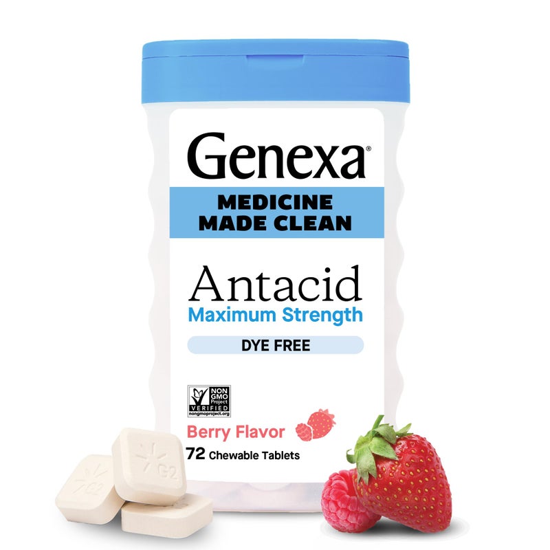 Genexa Clean Antacid Chewable Tablets | Maximum Strength Calcium Carbonate for Heartburn, Acid Indigestion & Upset Stomach Relief | Dye Free, 0% Artificial Additives | Berry Flavor Chewables, 72ct - Image 1