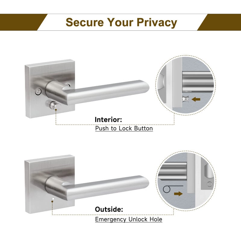 Hosom 6 Pack Privacy Door Handles For Bedroom Bathroom & More Interior Door Levers Keyless Reversible Square Door Locks Satin Nickel - Image 3