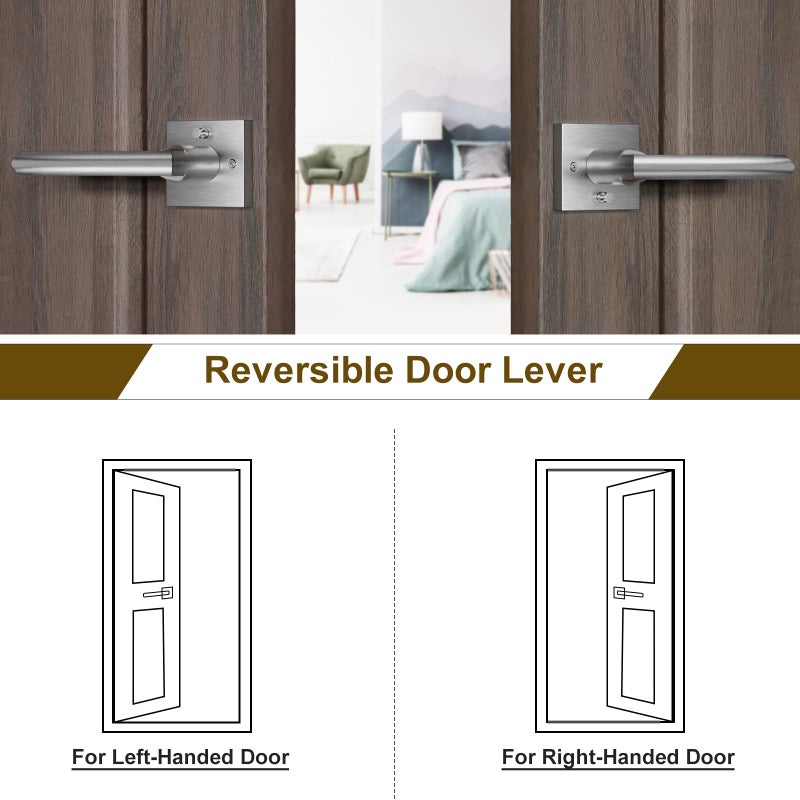 Hosom 6 Pack Privacy Door Handles For Bedroom Bathroom & More Interior Door Levers Keyless Reversible Square Door Locks Satin Nickel - Image 5