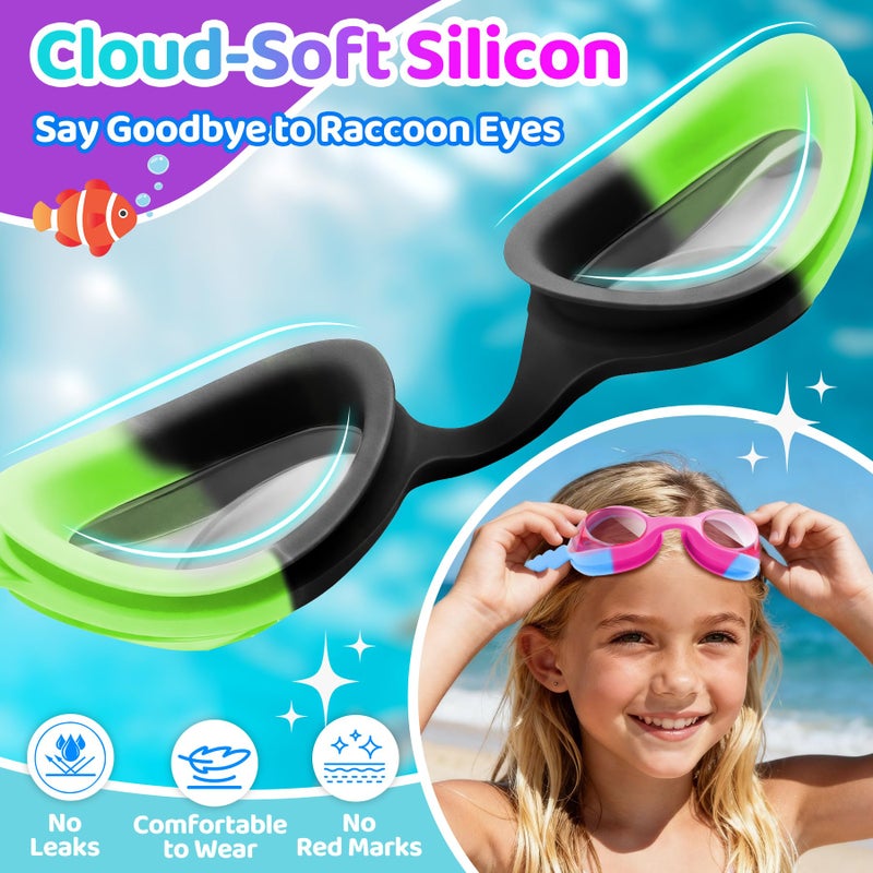 Vvinca 2 pack Kids Swim Goggles for Boys Girls Age 3-12, Wave-Shaped Quick Adjust Strap, Anti-Fog UV Protection Swimming Goggles, No Leaking Kids Goggles for Toddler Youth Pool Water Swimming - Image 2